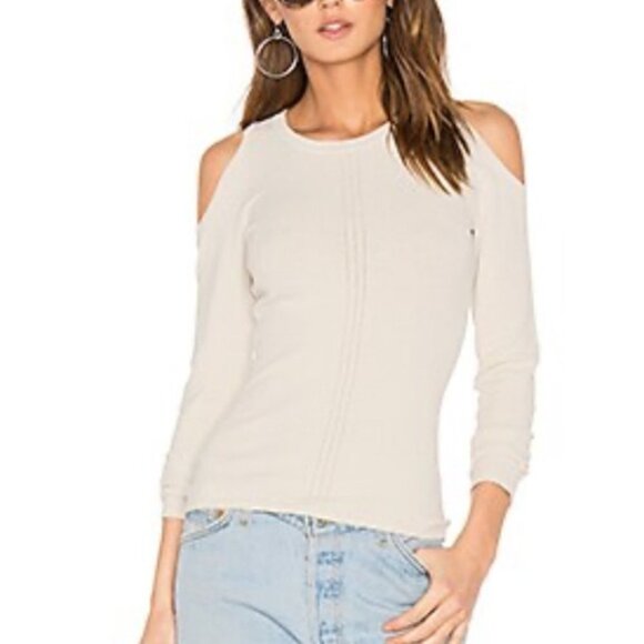 Autumn Cashmere Sweaters - Autumn Cashmere Pointelle Cold Shoulder Sweater in Sand size M